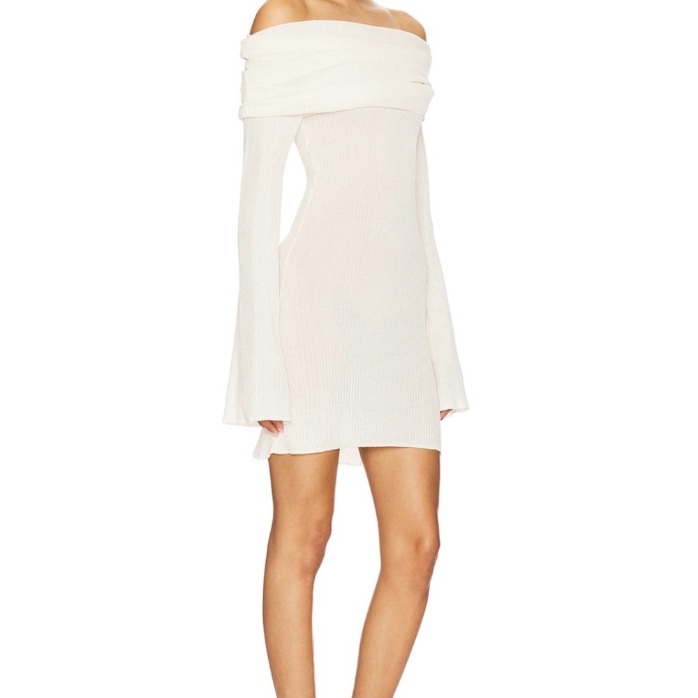 Off-Shoulder Cream Ribbed Mini Dress - Picture 2 of 5
